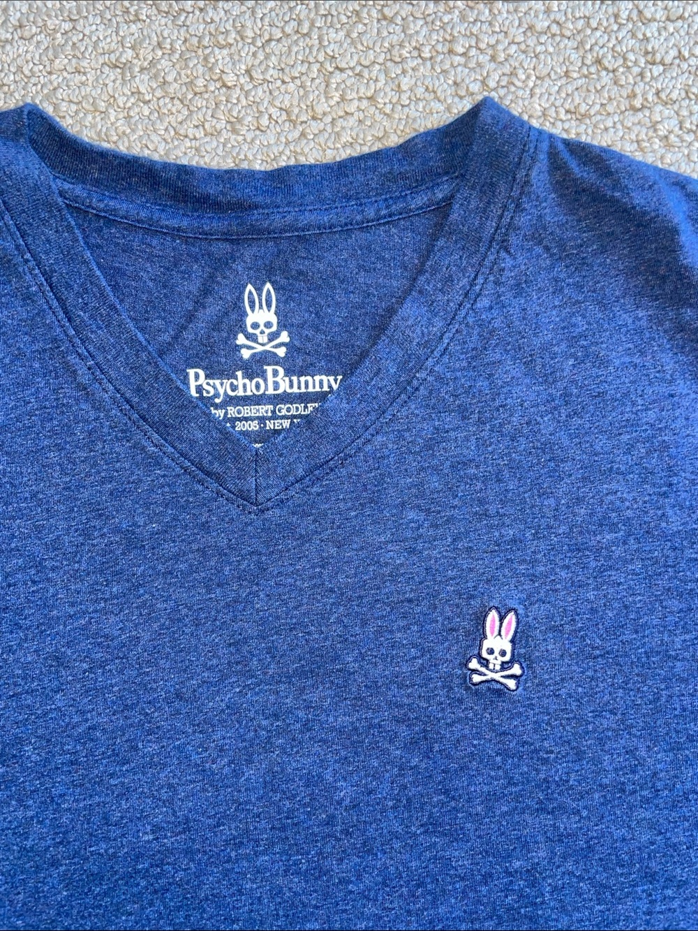 Psycho Bunny Men’s V-Neck Tee in Navy Blue with Embroidered Bunny